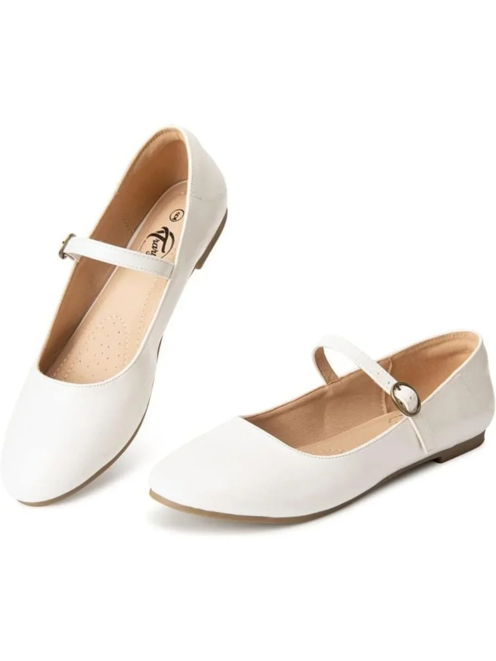 Women's White Ballet Flats Round Toe Comfort Straps Memory Foam Dressy Shoes